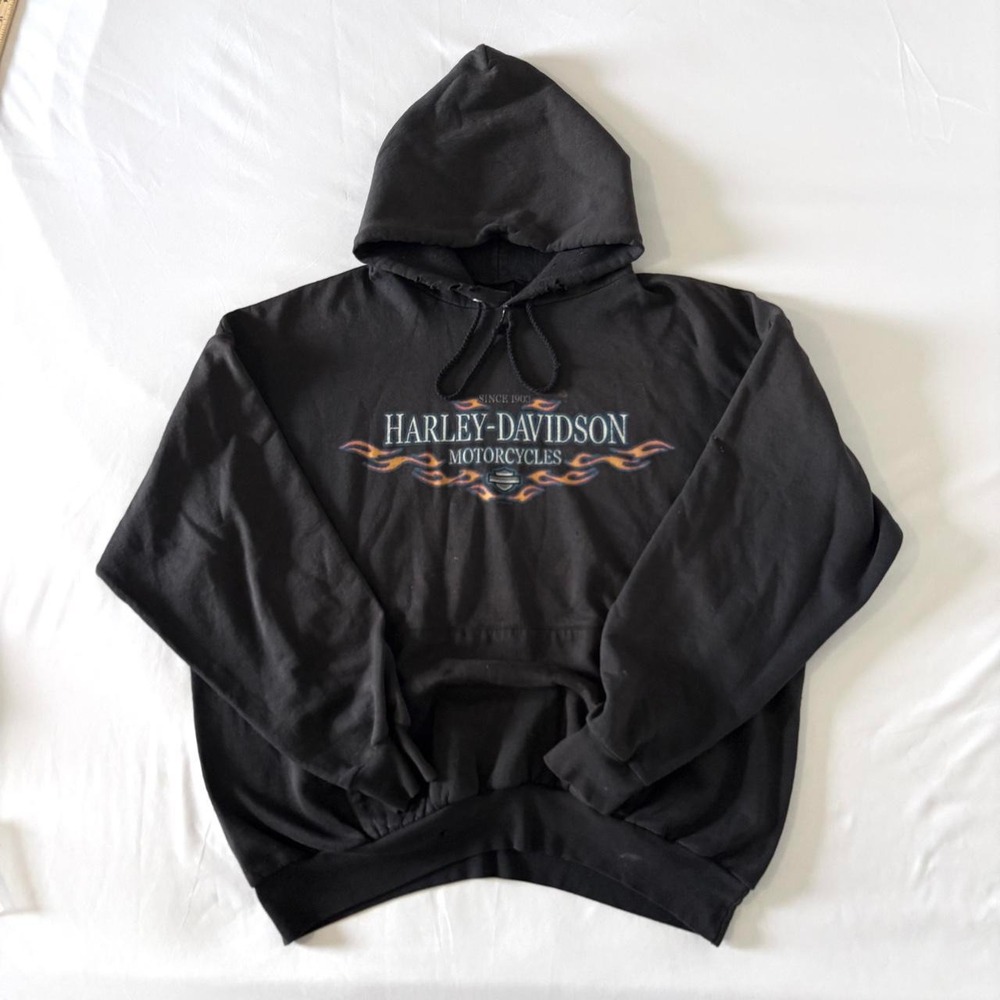 Harley Davidson Pullover Hoodie Mens XL Black Distressed Flame Eagle Vintage